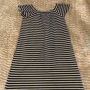 Madewell off the shoulder navy blue and white striped dress